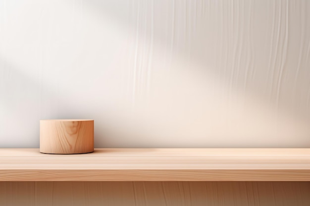 Piédestal en bois vide sur la table de cuisine avant le mur de briques blanches