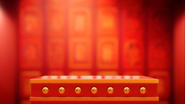 piédestal pour vitrine de produit dans la chambre avec un motif chinois sur le mur.
