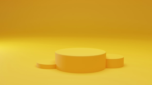 Piédestal de produit, forme de cylindre jaune sur fond jaune. Rendu 3D