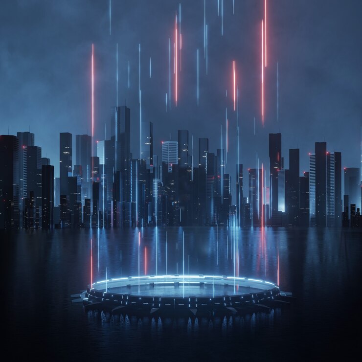 Photo piédestal de science-fiction avec lumières led rougeoyantes et fond de ville