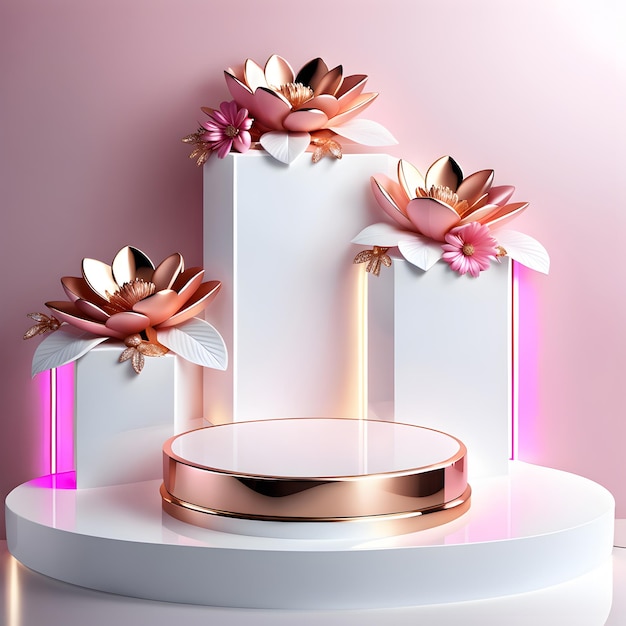 Piédestal vide mélangé entre des matériaux blancs brillants et d'or rose avec un effet néon