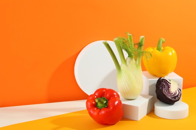 Piédestaux avec de la nourriture sur fond de couleur de savoureux légumes