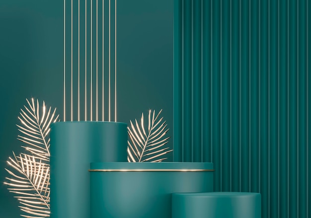 Piédestaux ronds cylindre vert feuilles de palmier d'or illustration de rendu 3d Composition sculpturale pour la publicité créative Base de podium vide pour la promotion du produit Maquette royale sombre de luxe