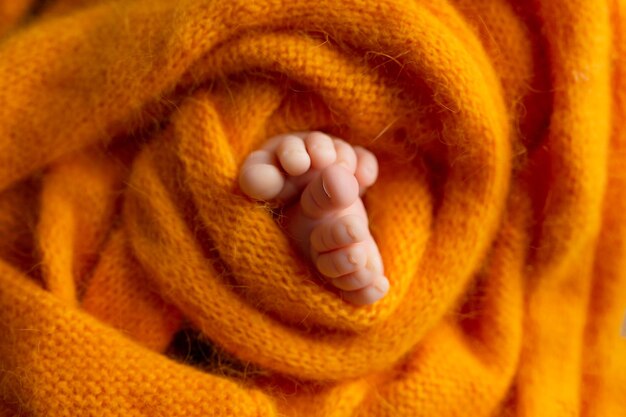 Pieds de bébé dans une couverture tricotée