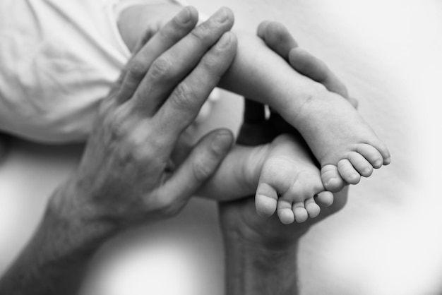 Pieds de bébé dans les mains de la mère père frère aîné ou famille sœur Pieds d'un petit nouveau-né gros plan Pieds de petits enfants entourés par les paumes de la famille Noir et blanc