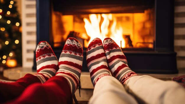 pieds avec des chaussettes à côté d'une cheminée en hiver joyeux noël