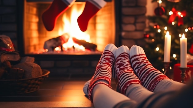 Pieds en chaussettes de laine à Noël