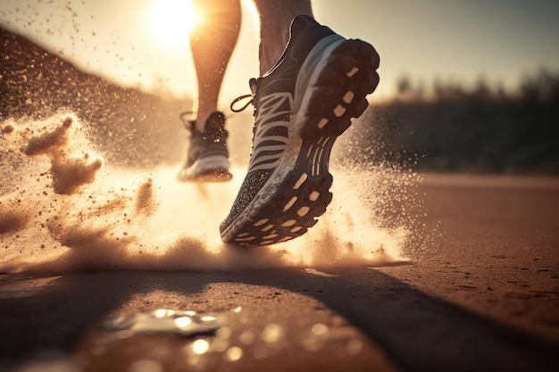 Pieds de coureur courant sur route asphaltée femme fitness jogging entraînement concept de bien-être AI générative