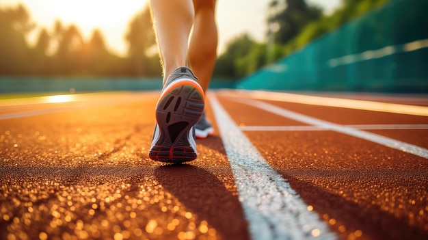 Les pieds des coureurs sur une piste rouge à mi-chemin à la lumière du soleil