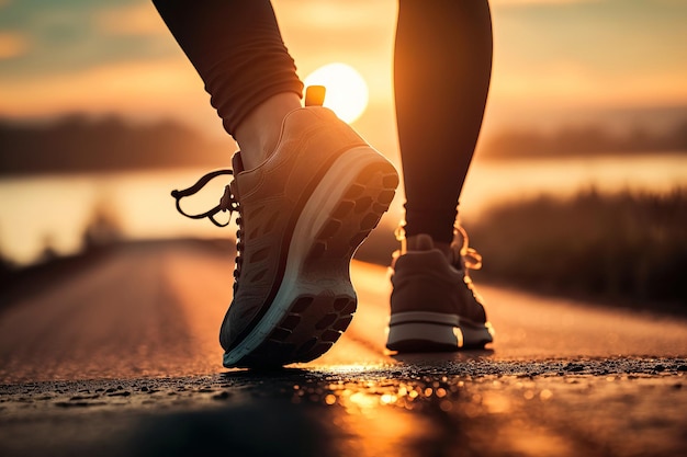 Pieds dans des baskets de sport courant sur la route au coucher du soleil Generative AI