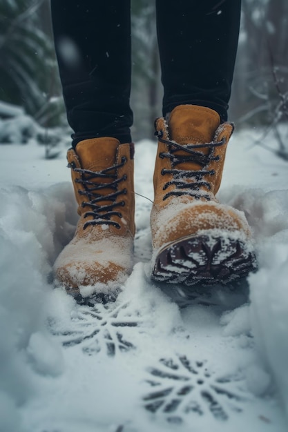 Les pieds dans les bottes de neige marchent sur la route de neige