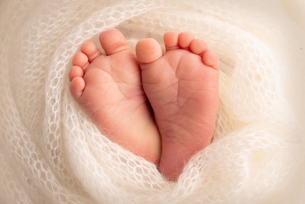 Pieds doux d'un nouveau-né dans une couverture en laine blanche Gros plan des orteils talons et pieds d'un nouveau-né