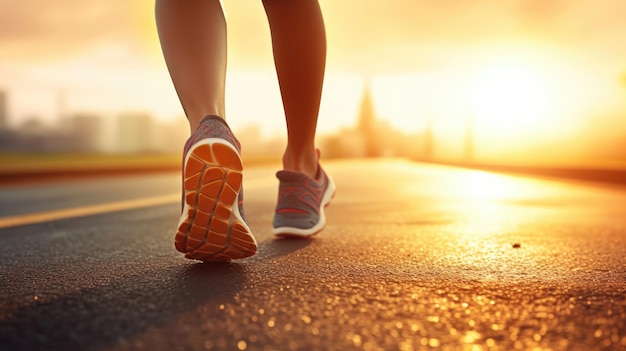 Les pieds du coureur courent sur la route en gros plan sur la chaussure femme fitness lever du soleil jogging entraînement concept de bien-être