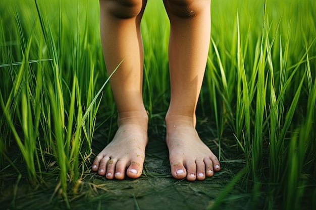 Photo les pieds d'un enfant sur l'herbe verte