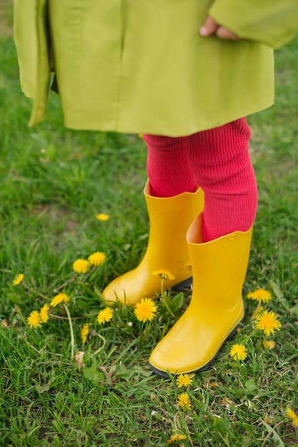 Les pieds de l'enfant sont dans des bottes de pluie jaunes en caoutchouc et des collants rose vif Pissenlits en fleurs dans une prairie de printemps