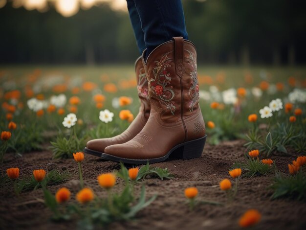 Photo des pieds féminins en bottes de cow-boy sur un champ de fleurs au coucher du soleil