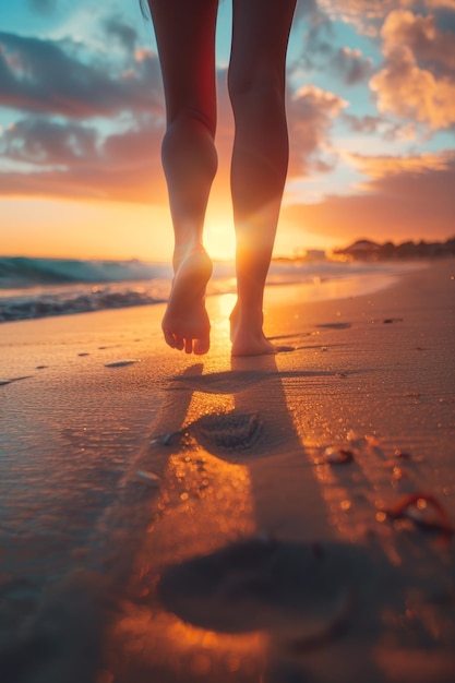 Photo pieds féminins dans le sable sur la plage ia générative