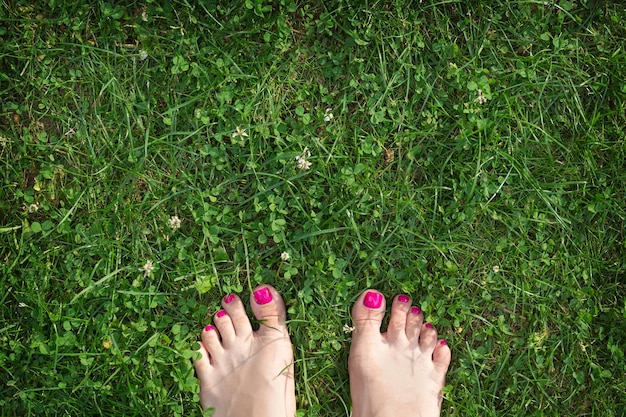 Pieds féminins nus sur l'herbe verte