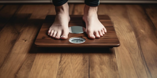 Pieds de femme à l'échelle en langue anglaise sur le fond en bois