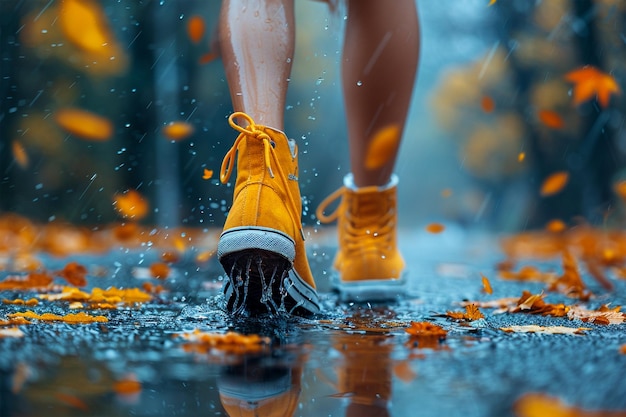 Les pieds de la femme marchent sur la route mouillée après la pluie éparpillée de feuilles d'automne pieds de beaux