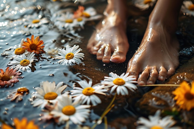 Photo pieds de femme parmi les fleurs dans un concept de beauté et de santé de spa ondulant