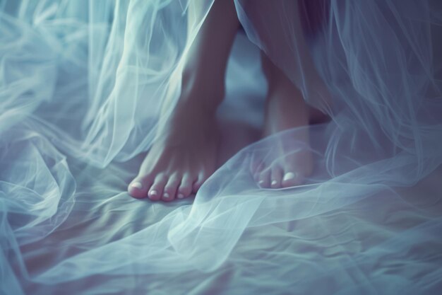 Photo les pieds d'une femme sont couverts de satin blanc.