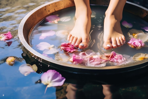 Pieds de femmes dans un traitement de spa Pieds dans un beau bol d'eau et de fleurs Generative AI