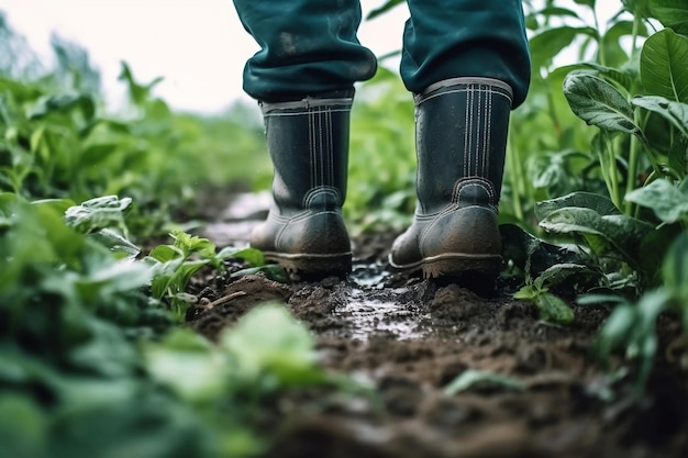 Pieds de fermier dans des bottes en caoutchouc Gros plan AI générative