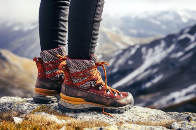 Pieds de grimpeuses féminines dans des bottes en cuir et des chaussettes en laine sur la montagne