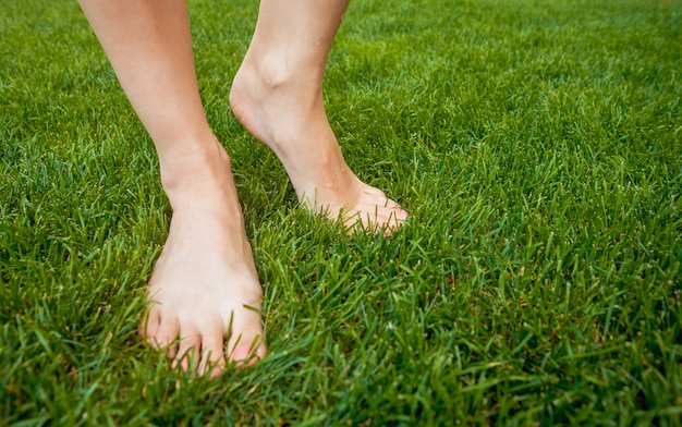 Pieds sur l'herbe verte.