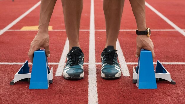 Photo les pieds de l'homme sur les blocs de départ