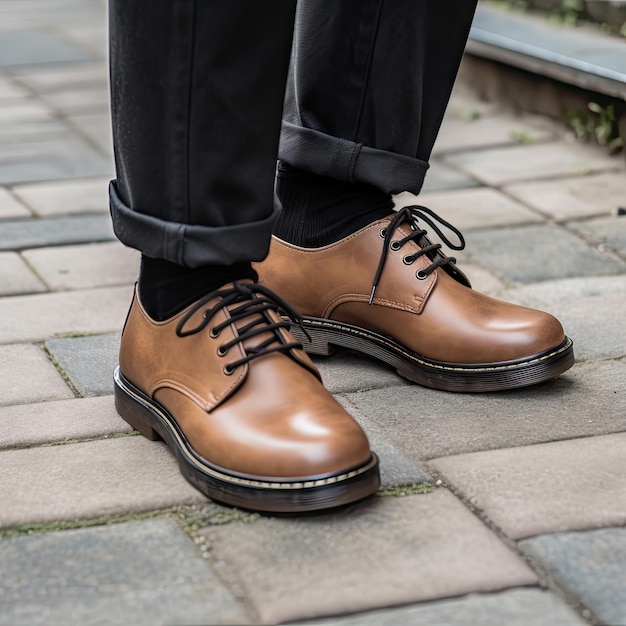 les pieds d'un homme portant des chaussures en cuir marron avec un pantalon noir et un pantalon bleu foncé debout sur un trottoir en brique