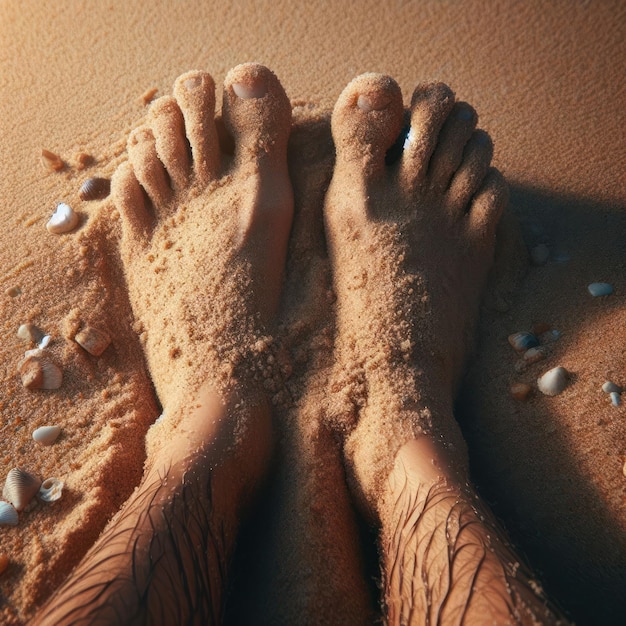 Les pieds d'un homme sont couverts de sable et l'eau est couverte de sable.
