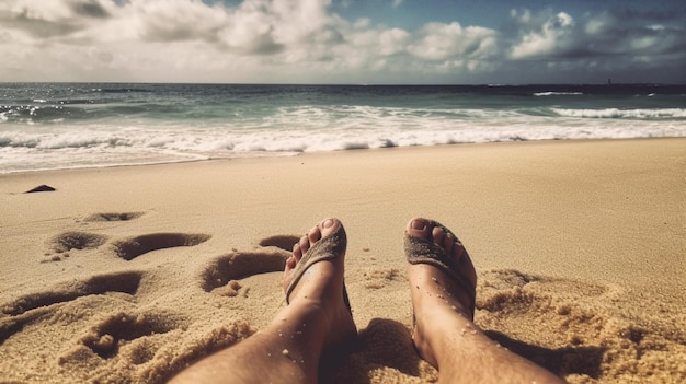 Les pieds d'un homme sont représentés sur une plage, avec l'océan en arrière-plan.