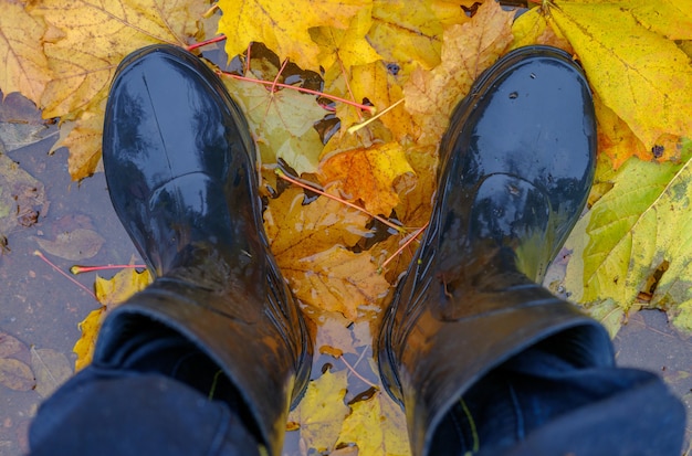 Pieds hommes en bottes de caoutchouc noir dans une flaque d'eau avec des feuilles jaunes d'automne