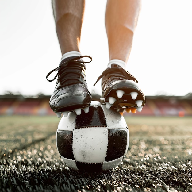 Photo les pieds d'un joueur de football sur un ballon de football uhd papier peint