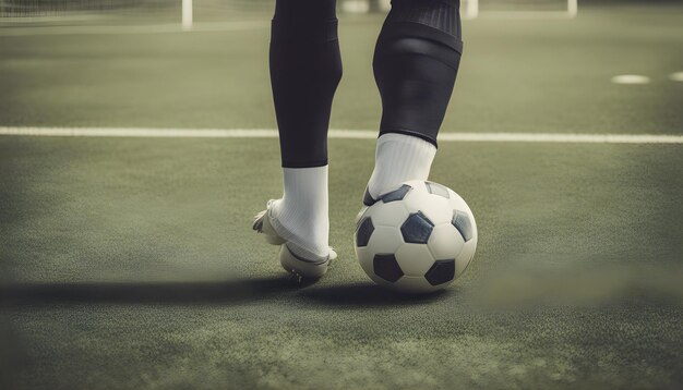 pieds d'un joueur de football debout avec le ballon