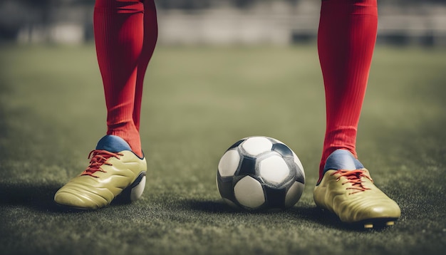 pieds d'un joueur de football debout avec le ballon