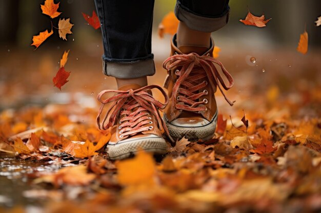 Les pieds marchent le long des feuilles d'automne orange vif