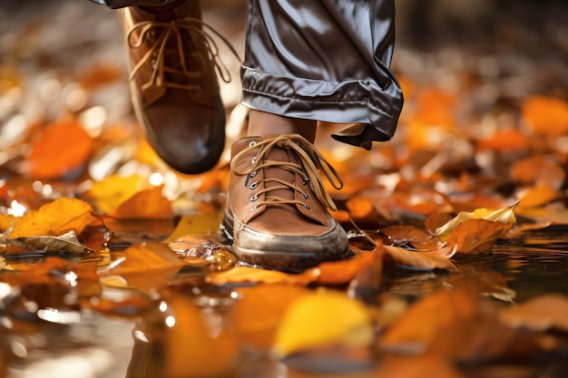 Les pieds marchent le long des feuilles d'automne orange vif