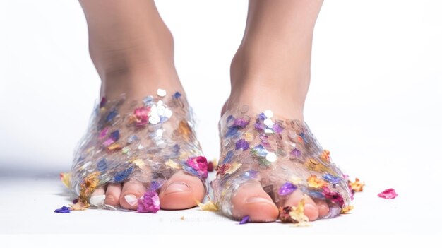 Les pieds nus d'une femme avec une chaussure à fleurs sur le bas.