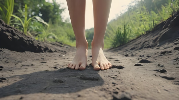 Des pieds nus d'une femme debout pieds nus à l'extérieur dans la nature concept de mise à la terre