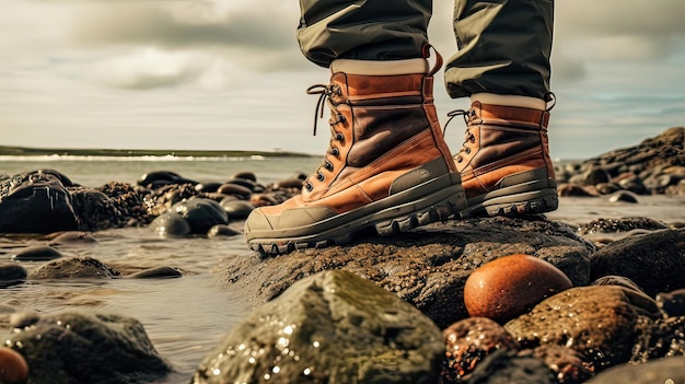 Photo les pieds des pêcheurs sont protégés par des bottes de pêche robustes pour la plongée dans les gardons, le manque d'alevins, les flotteurs de loisir, le profit du poisson, le wobbler du saumon. généré par l'ia.