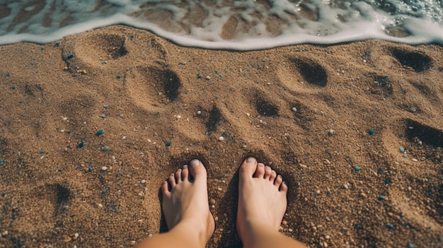 Les pieds d'une personne dans le sable avec le mot plage en bas.