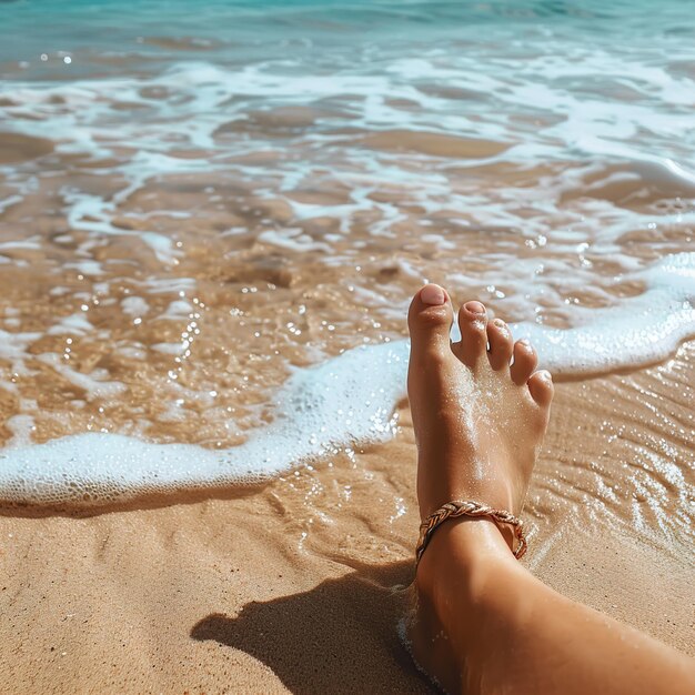 Photo les pieds d'une personne sont sur la plage et l'eau fait de la mousse.