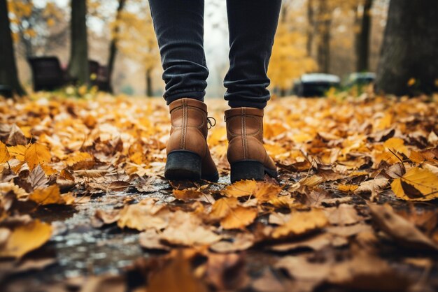 pieds et pieds marchant sur le parc d'automne