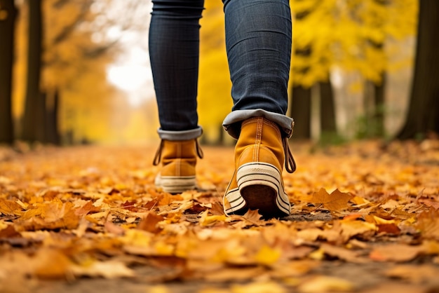 pieds et pieds marchant sur le parc d'automne