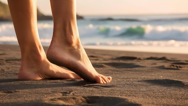 Photo des pieds de près sur le sable noir de bali