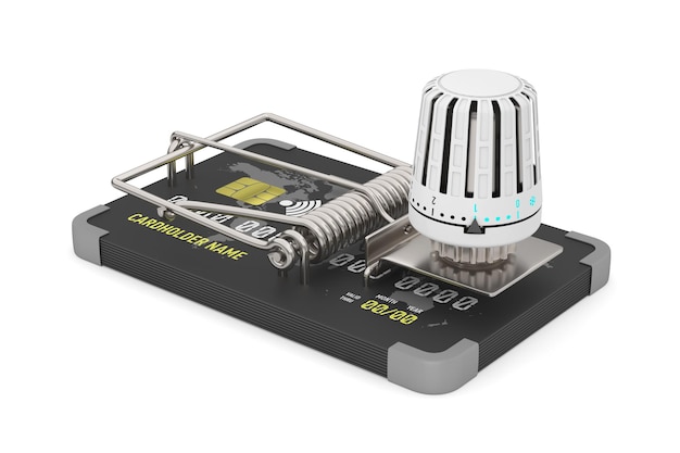 Piège à souris et thermostat de chauffage sur fond blanc Illustration 3d isolée