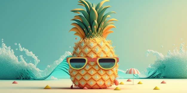 Pienapple avec des lunettes de soleil sur fond d'été de mer tropicale Generative AI